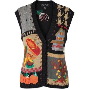 Gladys Bagley Vtg Autumn Patchwork Knit Sweater Vest Large Pumpkin House Leaf